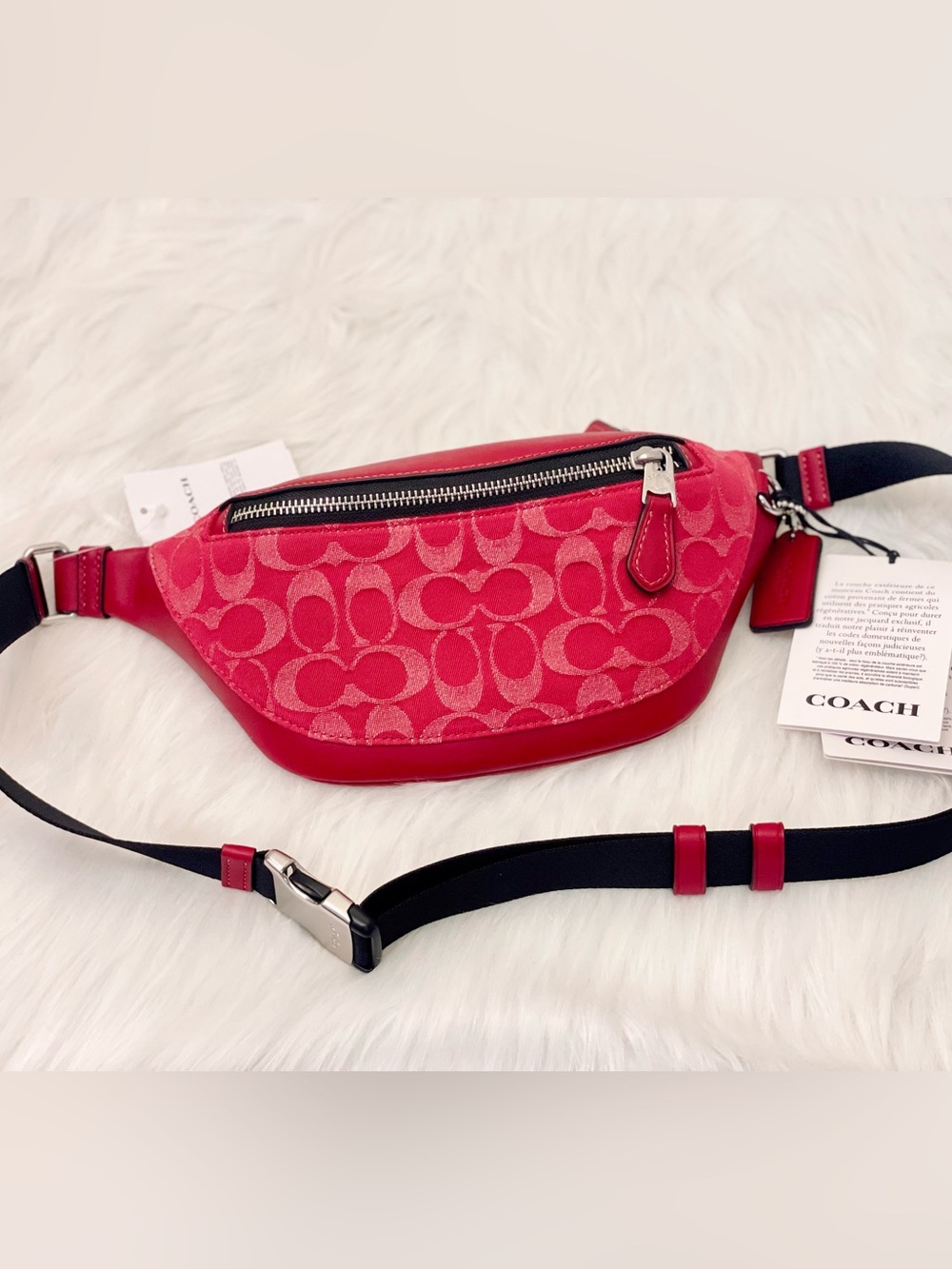 NWT Coach Warren Mini Signature Denim & Leather Belt Bag CAJ43 Ruby Red